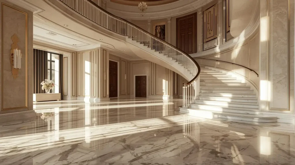Luxury marble flooring in a grand residential entryway with elegant architectural details