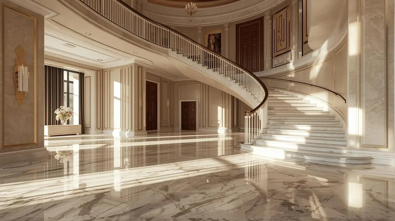 Luxury marble flooring in a grand residential entryway with elegant architectural details