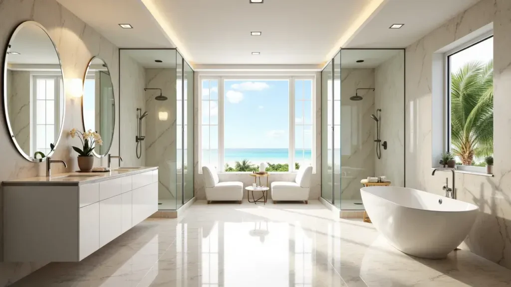Luxury waterfront bathroom in Miami with freestanding tub, glass showers, marble floors, and expansive ocean-view windows