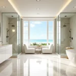 Luxury waterfront bathroom in Miami with freestanding tub, glass showers, marble floors, and expansive ocean-view windows