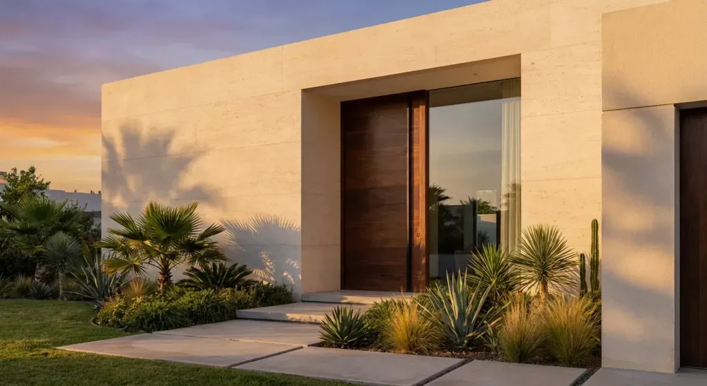 Minimalist exterior door with a grand entrance and palm landscaping for high-end homes in Florida