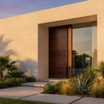 Minimalist exterior door with a grand entrance and palm landscaping for high-end homes in Florida