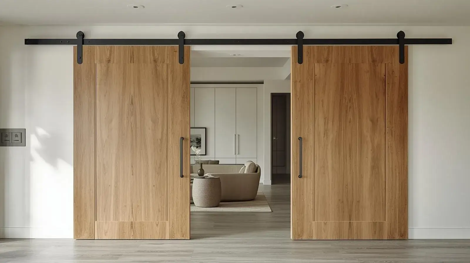 Modern barn door with premium hardware in a luxury interior