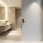Modern interior bathroom door with smooth finish and contemporary handle in a home.