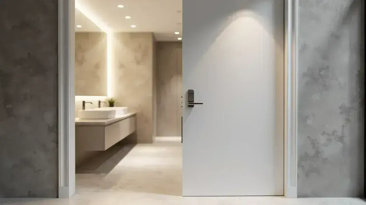Modern interior bathroom door with smooth finish and contemporary handle in a home.