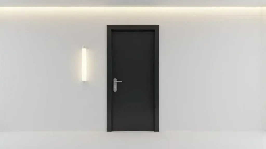 Modern black interior door with contemporary hardware in a minimalist hallway