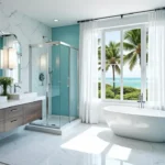 Bright coastal bathroom with aqua blue walls, floating vanity, glass shower, freestanding bathtub, and a large window overlooking palm trees and the ocean.