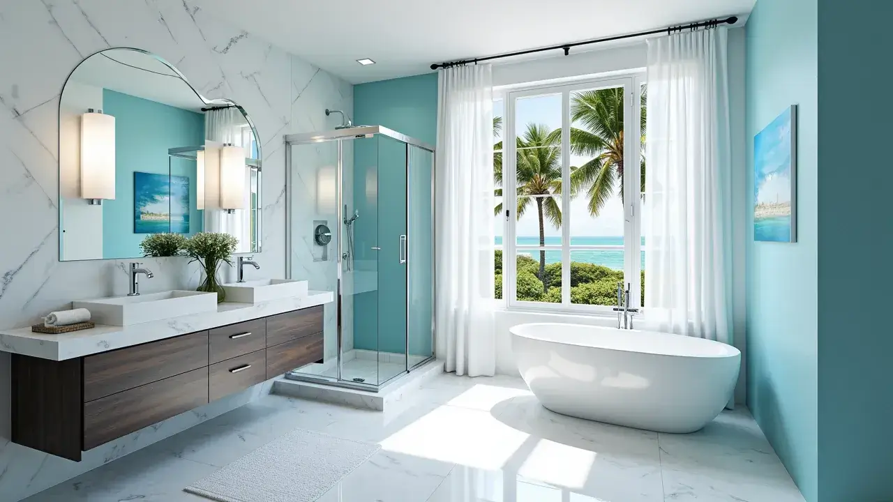 Bright coastal bathroom with aqua blue walls, floating vanity, glass shower, freestanding bathtub, and a large window overlooking palm trees and the ocean.