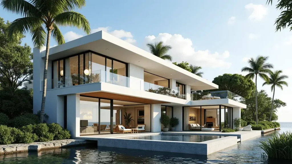 Modern residential exterior with hurricane impact windows and doors designed for storm protection and energy efficiency.
