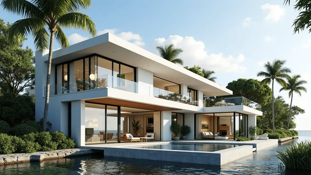 Modern residential exterior with hurricane impact windows and doors designed for storm protection and energy efficiency.