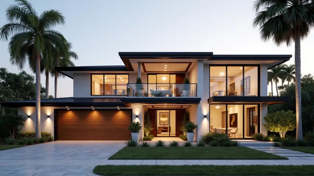 Modern residential exterior with hurricane impact windows and doors designed for storm protection and energy efficiency in Florida Climate