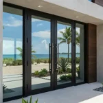 Modern black aluminum impact glass entry door with oceanfront view in Palm Beach, Florida.