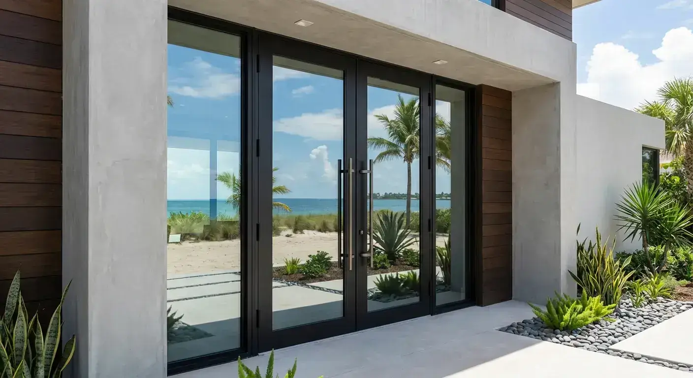 Modern black aluminum impact glass entry door with oceanfront view in Palm Beach, Florida.