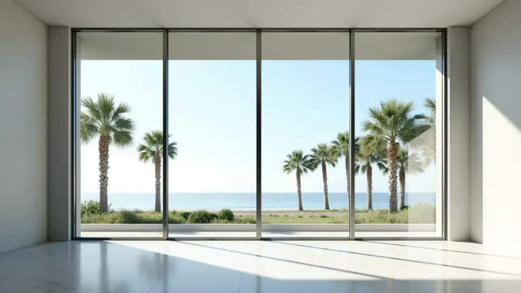 Hurricane impact windows with ocean and palm tree views providing storm protection and modern architectural style.