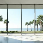 Hurricane impact windows with ocean and palm tree views providing storm protection and modern architectural style.
