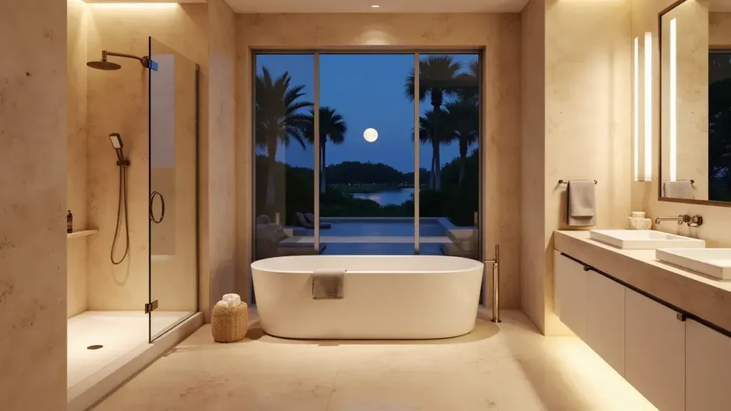 Elegant modern bathroom featuring a freestanding tub, frameless glass shower door, smart glass window for privacy and soft architectural lighting