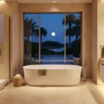 Elegant modern bathroom featuring a freestanding tub, frameless glass shower door, smart glass window for privacy and soft architectural lighting