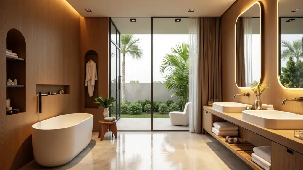 Luxury spa-style bathroom with freestanding soaking tub, warm wood paneling, floating vanity, frameless glass shower, and floor-to-ceiling sliding doors opening to a private garden, designed by Cavare Interiors in South Florida.