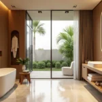 Luxury spa-style bathroom with freestanding soaking tub, warm wood paneling, floating vanity, frameless glass shower, and floor-to-ceiling sliding doors opening to a private garden, designed by Cavare Interiors in South Florida.