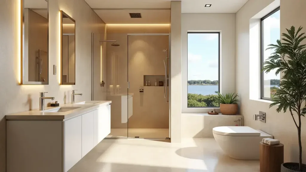 Bright modern bathroom in Pompano Beach featuring white cabinetry, marble countertops, glass shower enclosure, and elegant gold fixtures for a timeless spa-inspired look.
