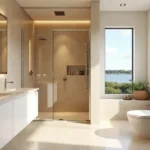 Bright modern bathroom in Pompano Beach featuring white cabinetry, marble countertops, glass shower enclosure, and elegant gold fixtures for a timeless spa-inspired look.
