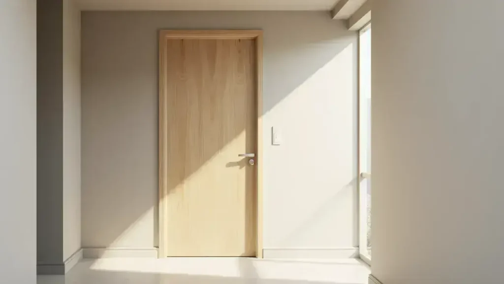 Natural wood interior door with modern handle in a sunlit South Florida hallway.