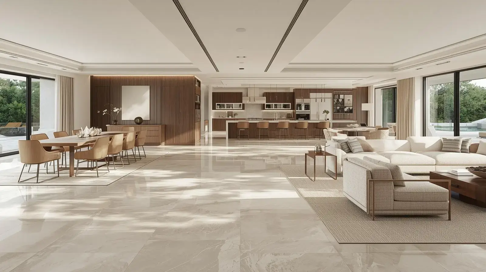 Luxury flooring flowing seamlessly through open-concept living and dining spaces