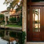Sleek modern exterior door with oversized glass panels for a contemporary South Florida home