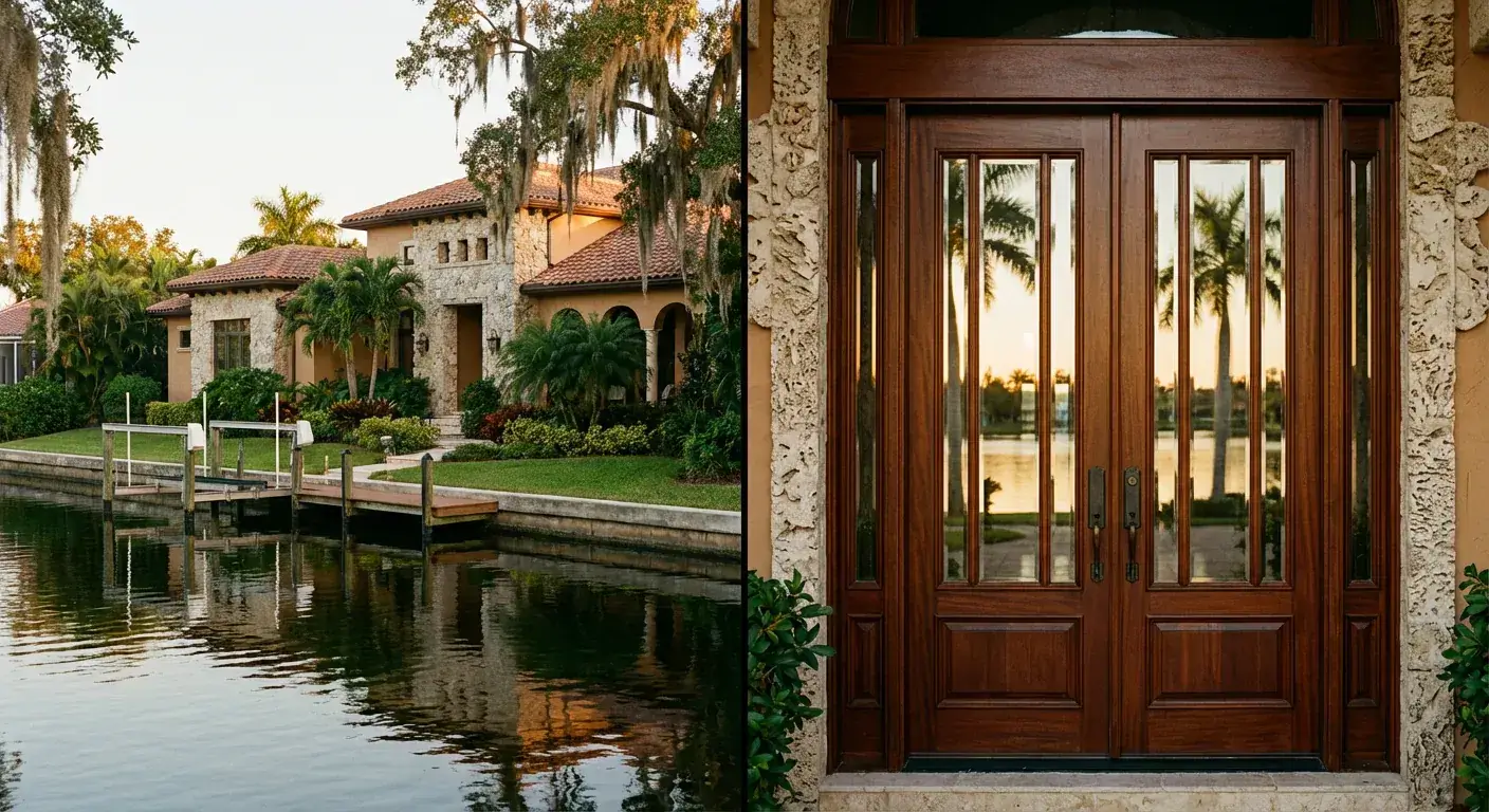 Sleek modern exterior door with oversized glass panels for a contemporary South Florida home