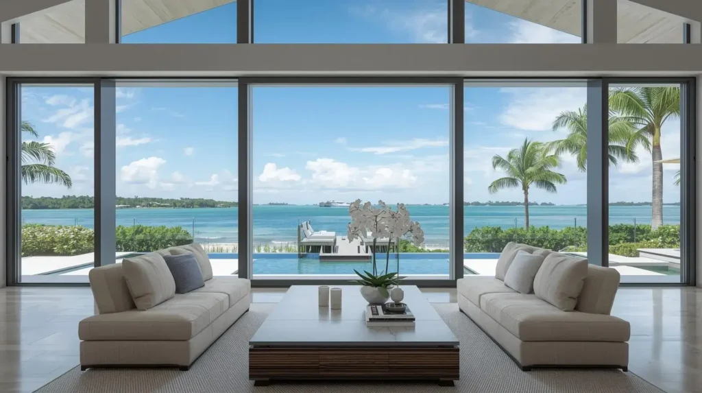 Picture impact windows showcasing unobstructed waterfront views in a luxury home