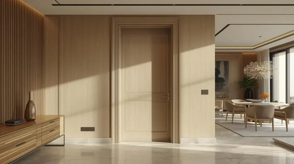 Pocket door creating a clean transition between living and dining spaces