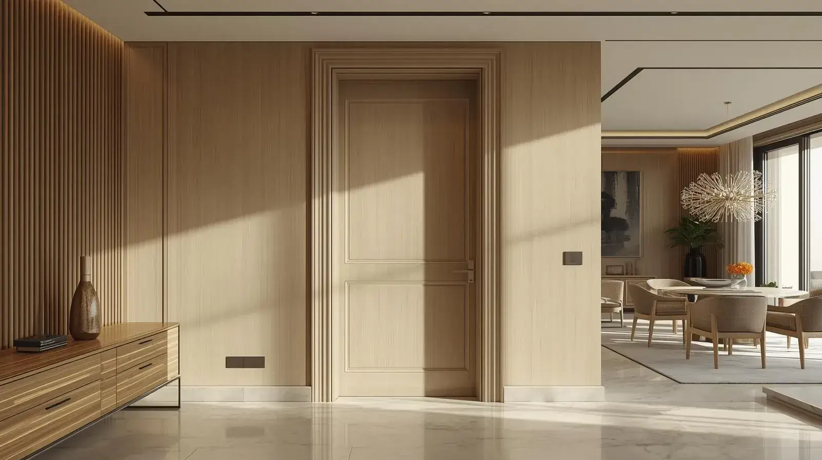 Pocket door creating a clean transition between living and dining spaces