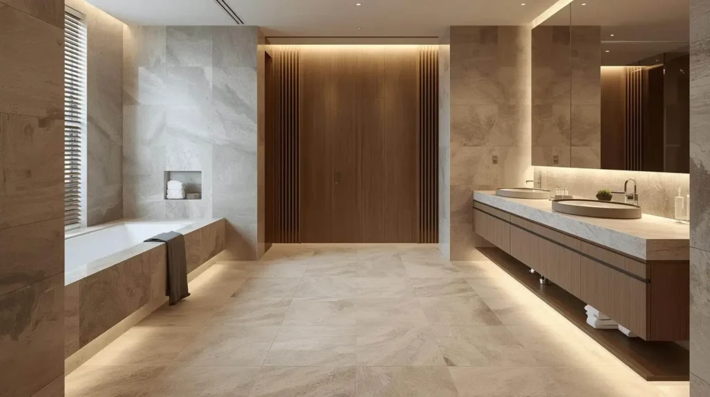 Porcelain tile flooring in a minimalist luxury bathroom with spa-inspired design