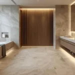 Porcelain tile flooring in a minimalist luxury bathroom with spa-inspired design