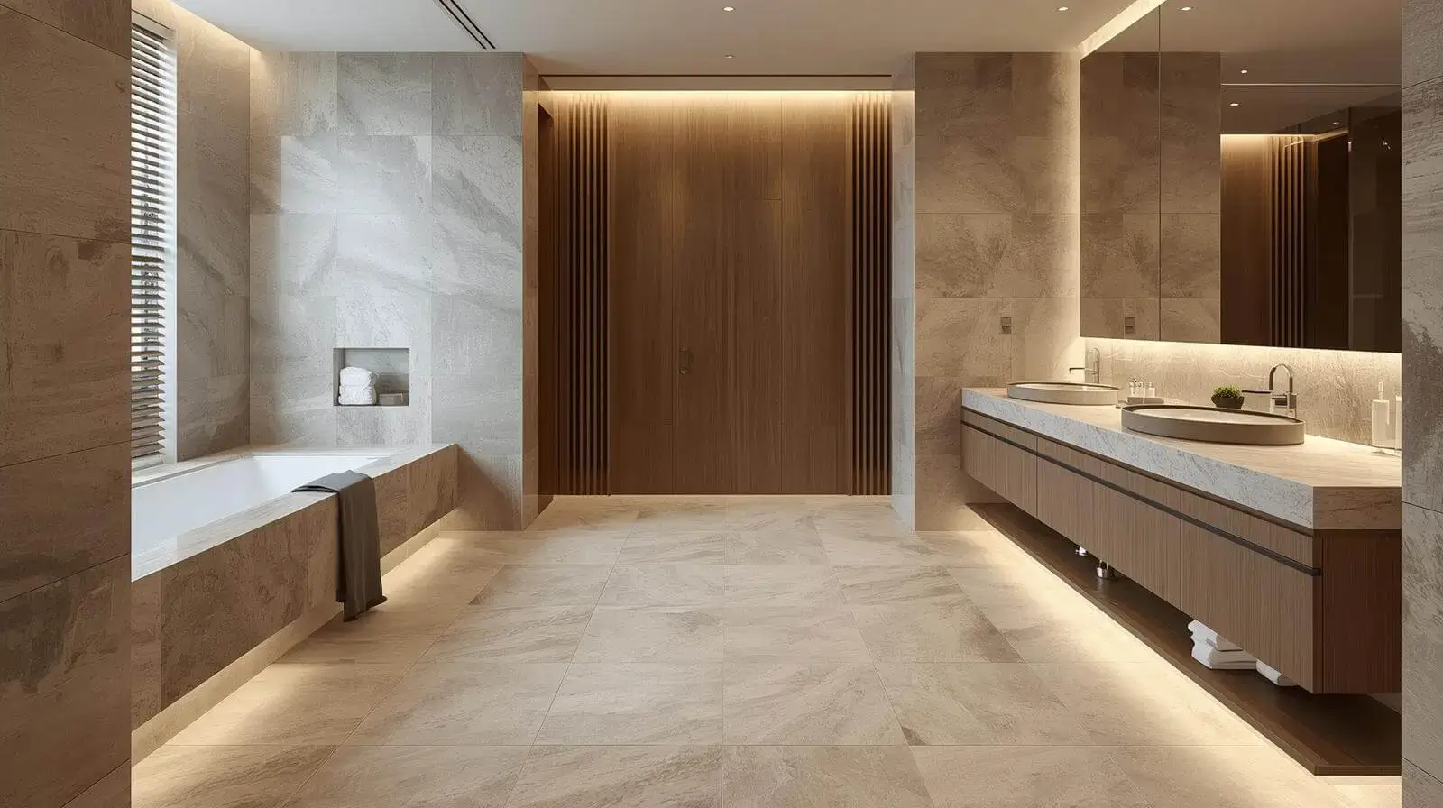 Porcelain tile flooring in a minimalist luxury bathroom with spa-inspired design