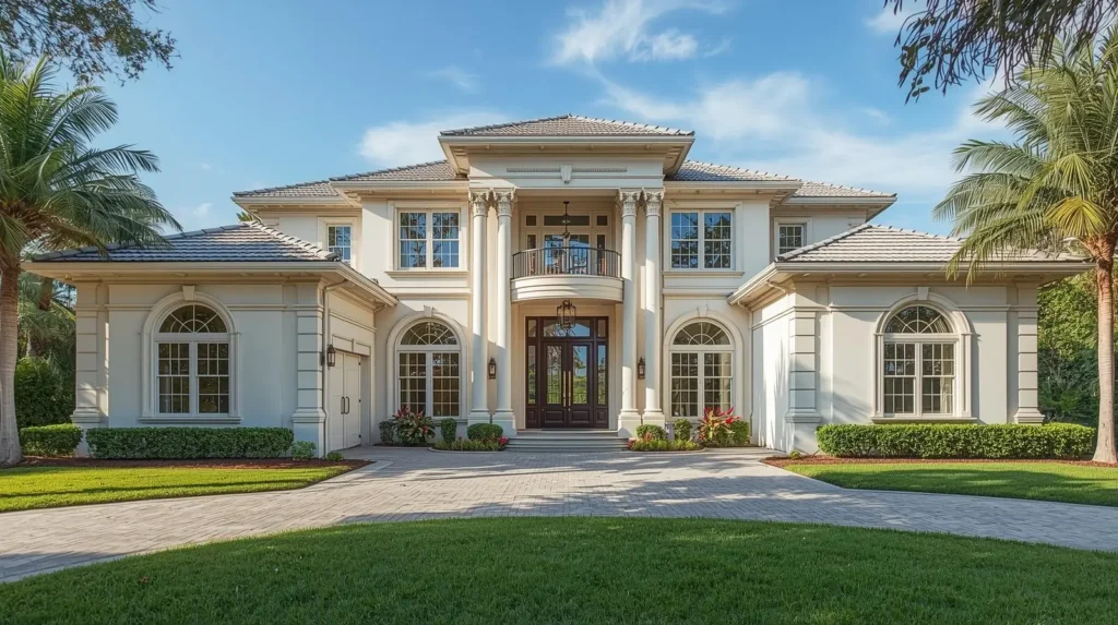 Single-hung impact windows on a luxury South Florida home exterior