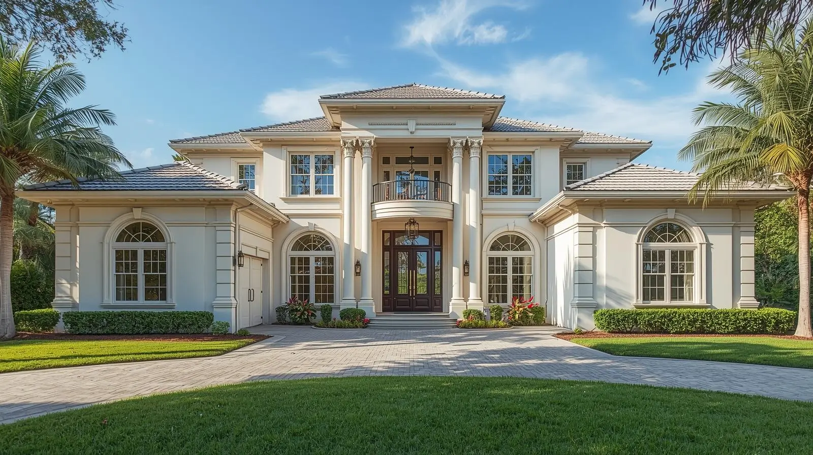 Single-hung impact windows on a luxury South Florida home exterior