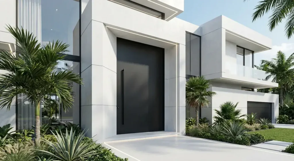 Sleek, modern luxury front door with glass panels and tropical landscaping in South Florida