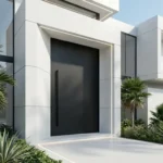Sleek, modern luxury front door with glass panels and tropical landscaping in South Florida