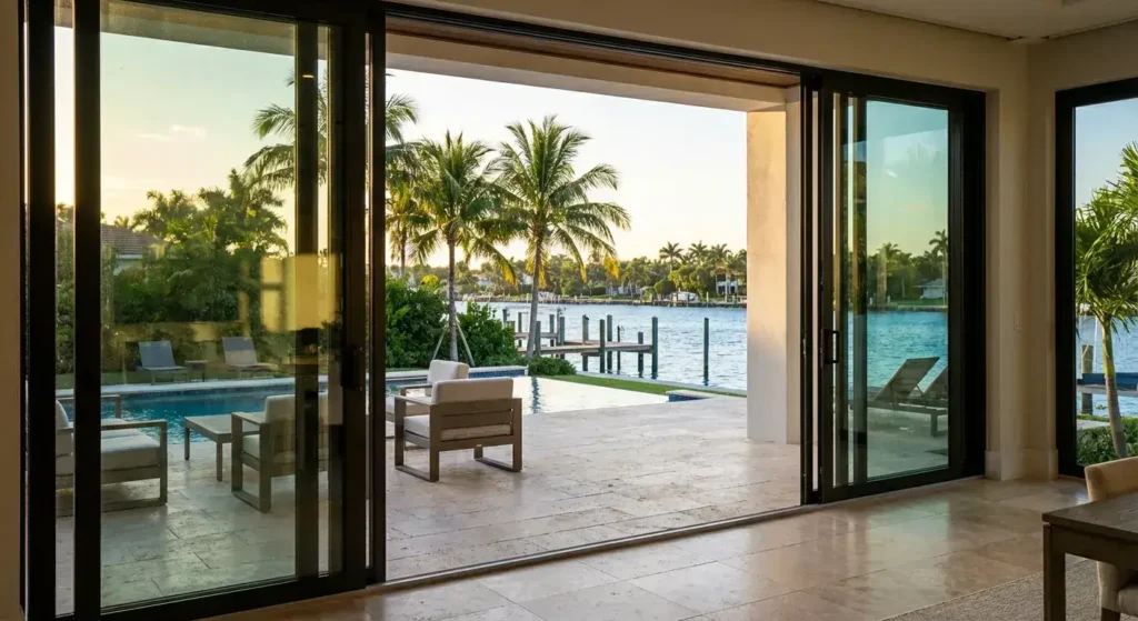 Large sliding impact glass doors opening to waterfront patio in a Fort Lauderdale luxury home.