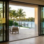 Large sliding impact glass doors opening to waterfront patio in a Fort Lauderdale luxury home.