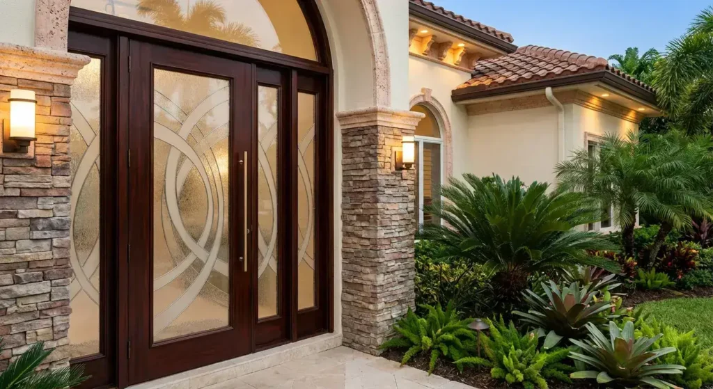 Sophisticated exterior door with clear glass panels and elegant landscaping for Florida homes