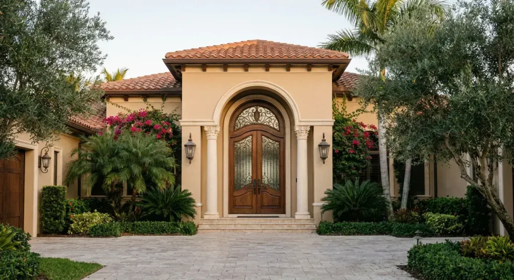 Sophisticated luxury front door with an elegant design and tropical landscape