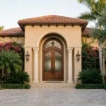 Sophisticated luxury front door with an elegant design and tropical landscape