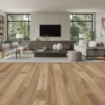 SPC flooring in a contemporary family room with modern furniture and natural light