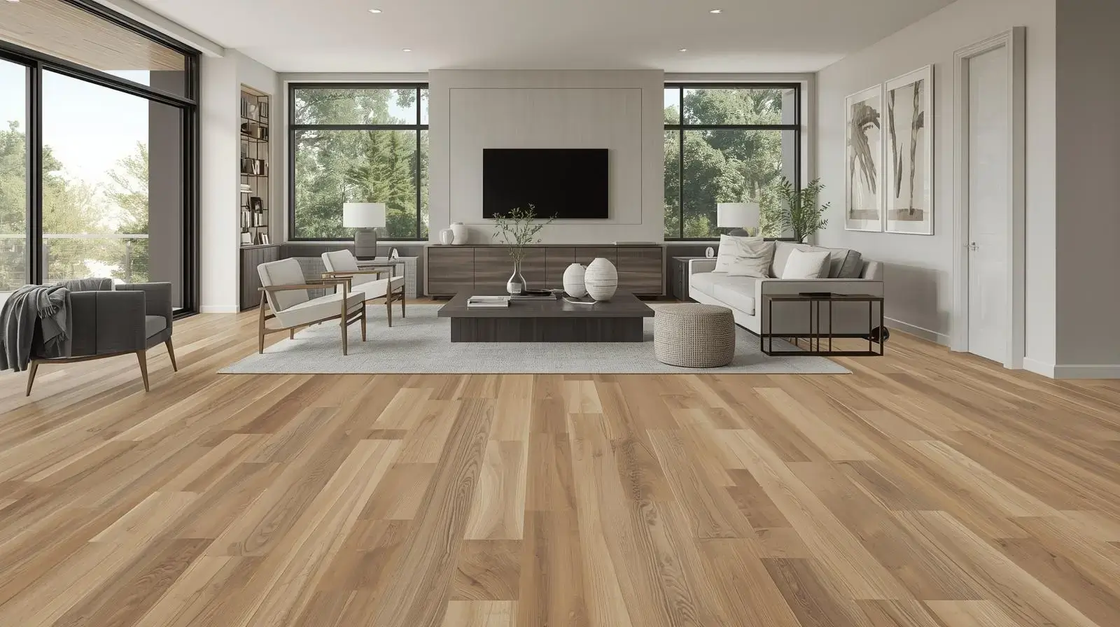 SPC flooring in a contemporary family room with modern furniture and natural light