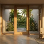 Impact glass doors allowing natural light in a South Florida luxury home with garden views.