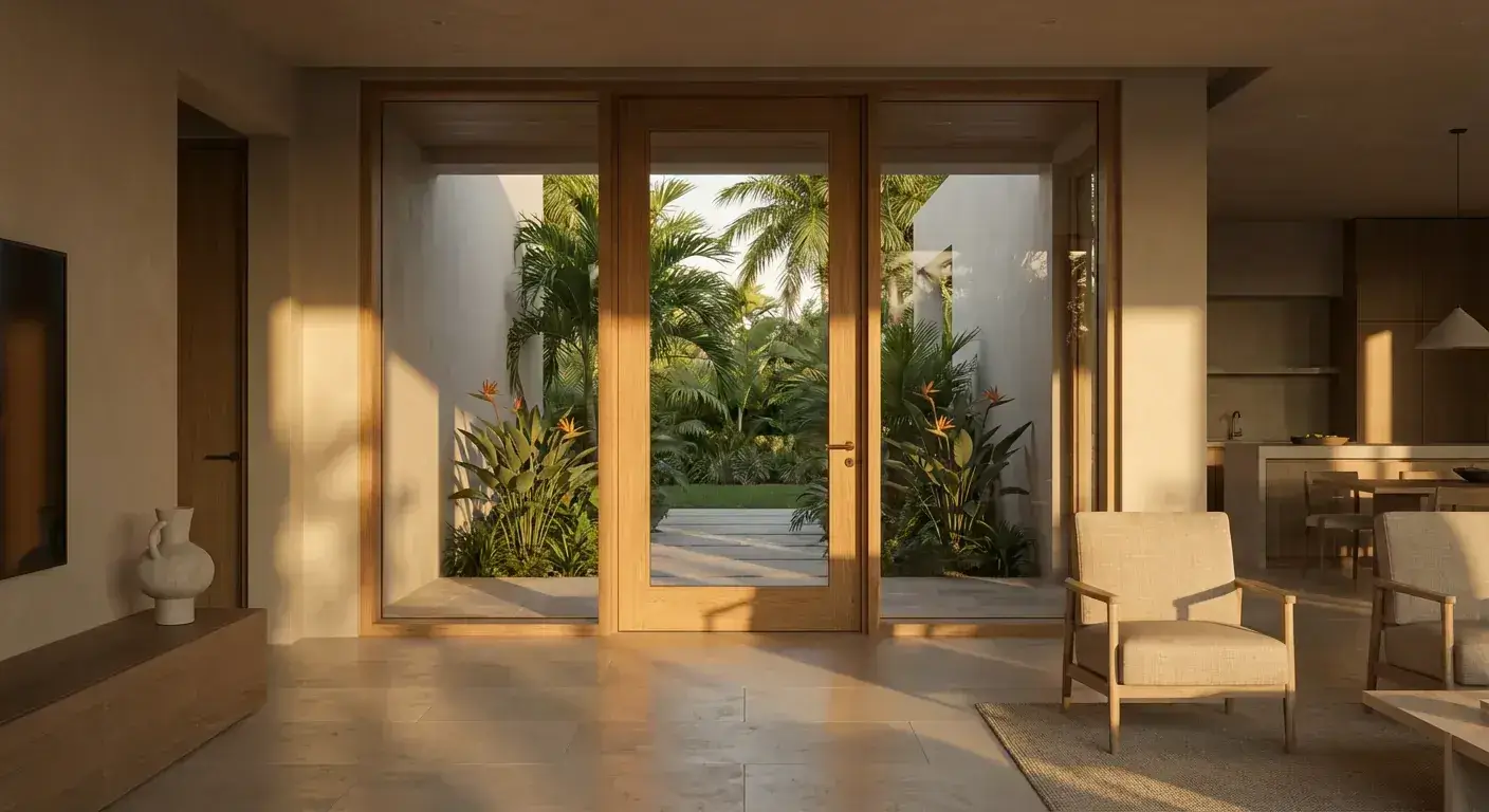 Impact glass doors allowing natural light in a South Florida luxury home with garden views.