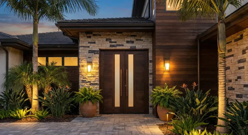 Luxury modern exterior door with lush tropical landscaping and integrated lighting in South Florida