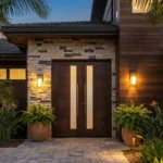 Luxury modern exterior door with lush tropical landscaping and integrated lighting in South Florida